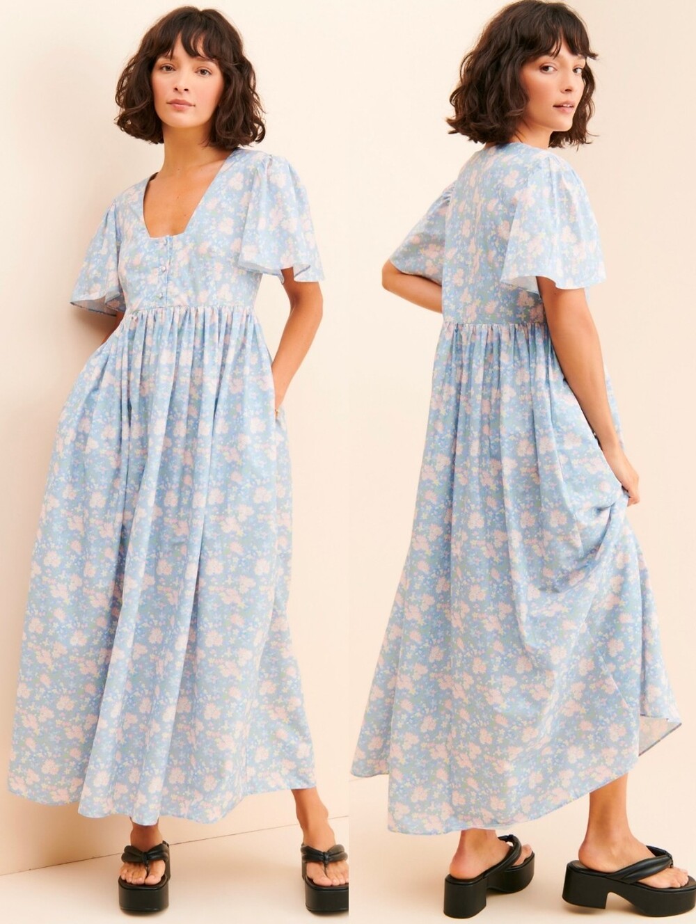 SELKIE Blue Cotton Floral The Laundry Line Maxi Dress